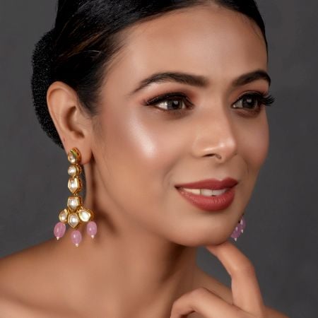 Mirror Stone & Pink Bead Cascade Earrings Pair